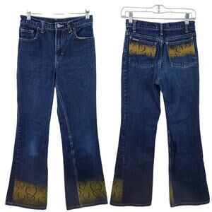 Jordache Vintage Blue Jeans Embellished Gold Hearts Metallic Boot Cut Flare 12